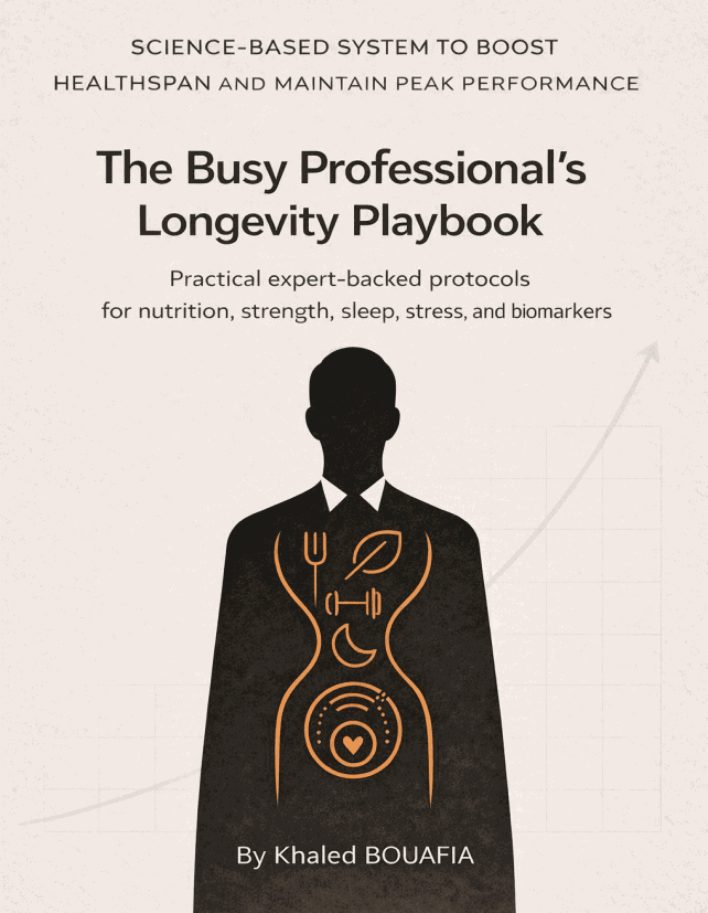 The Busy Professional’s Longevity Playbook cover highlighting longevity tips for busy professionals.