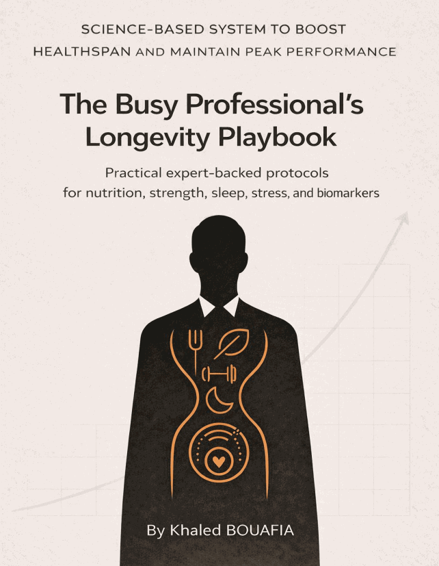 The Busy Professional’s Longevity Playbook cover highlighting longevity tips for busy professionals.